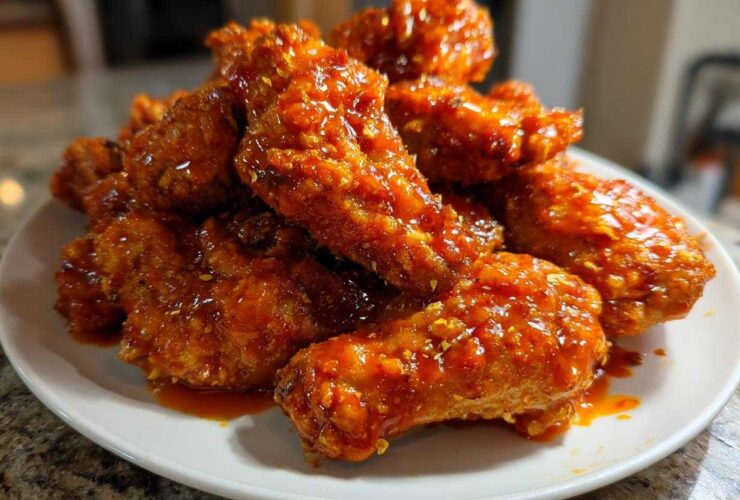 A pile of crispy oven baked Honey Sriracha Chicken Wings coated in a glossy, spicy red sauce on a white plate.