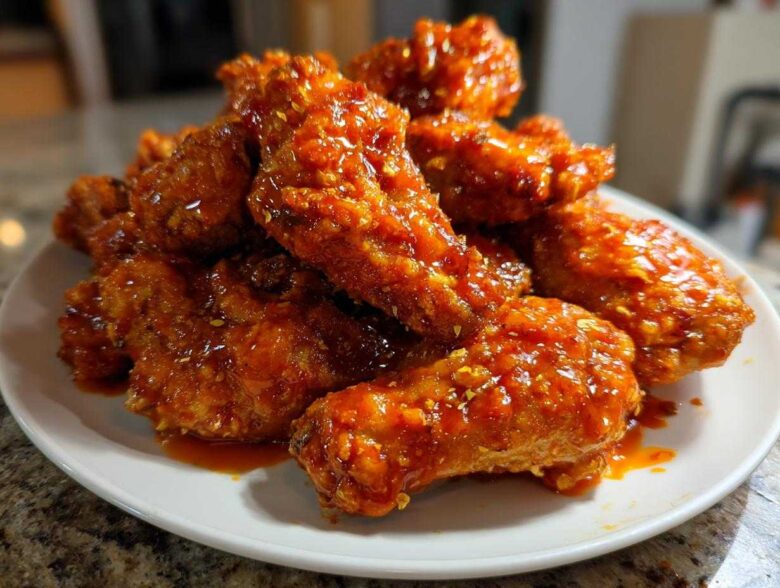 A pile of crispy oven baked Honey Sriracha Chicken Wings coated in a glossy, spicy red sauce on a white plate.