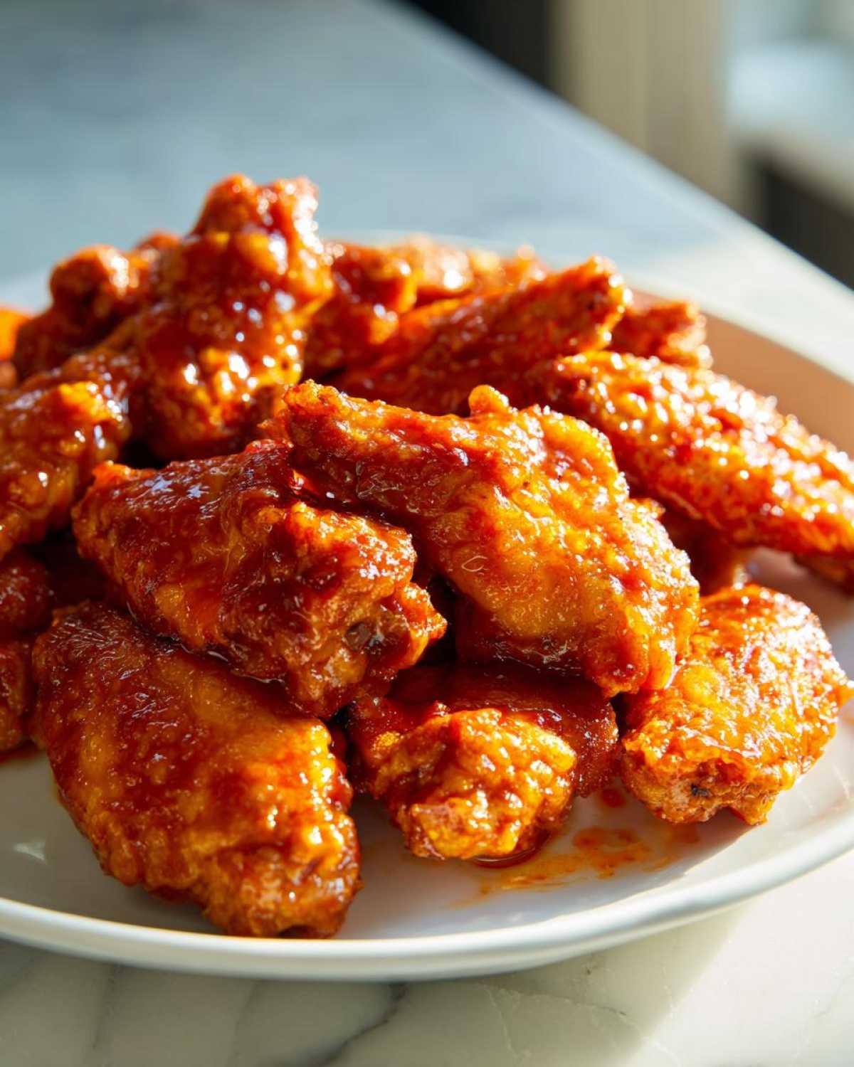 Close-up of a pile of glossy, saucy Honey Sriracha Chicken Wings Crispy Oven Baked served on a white plate.