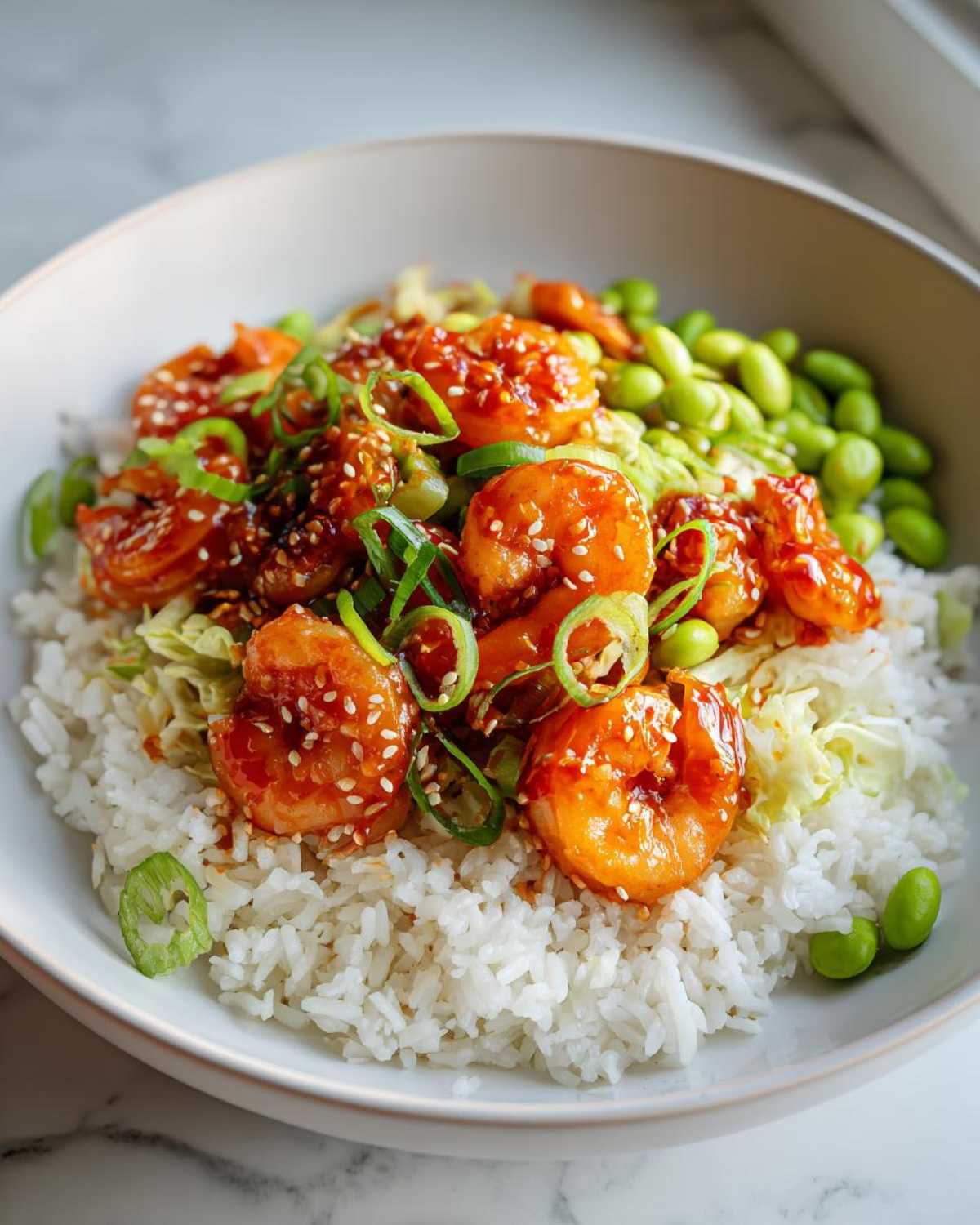 A close-up of a Honey Sriracha Shrimp Bowl featuring glazed shrimp over white rice, topped with edamame and green onions.