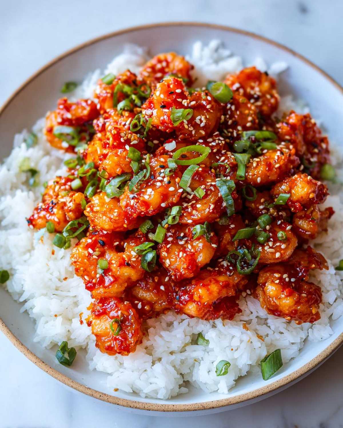 A close-up of a Honey Sriracha Shrimp Bowl featuring saucy, glazed shrimp piled over white rice and garnished with sesame seeds and green onions.