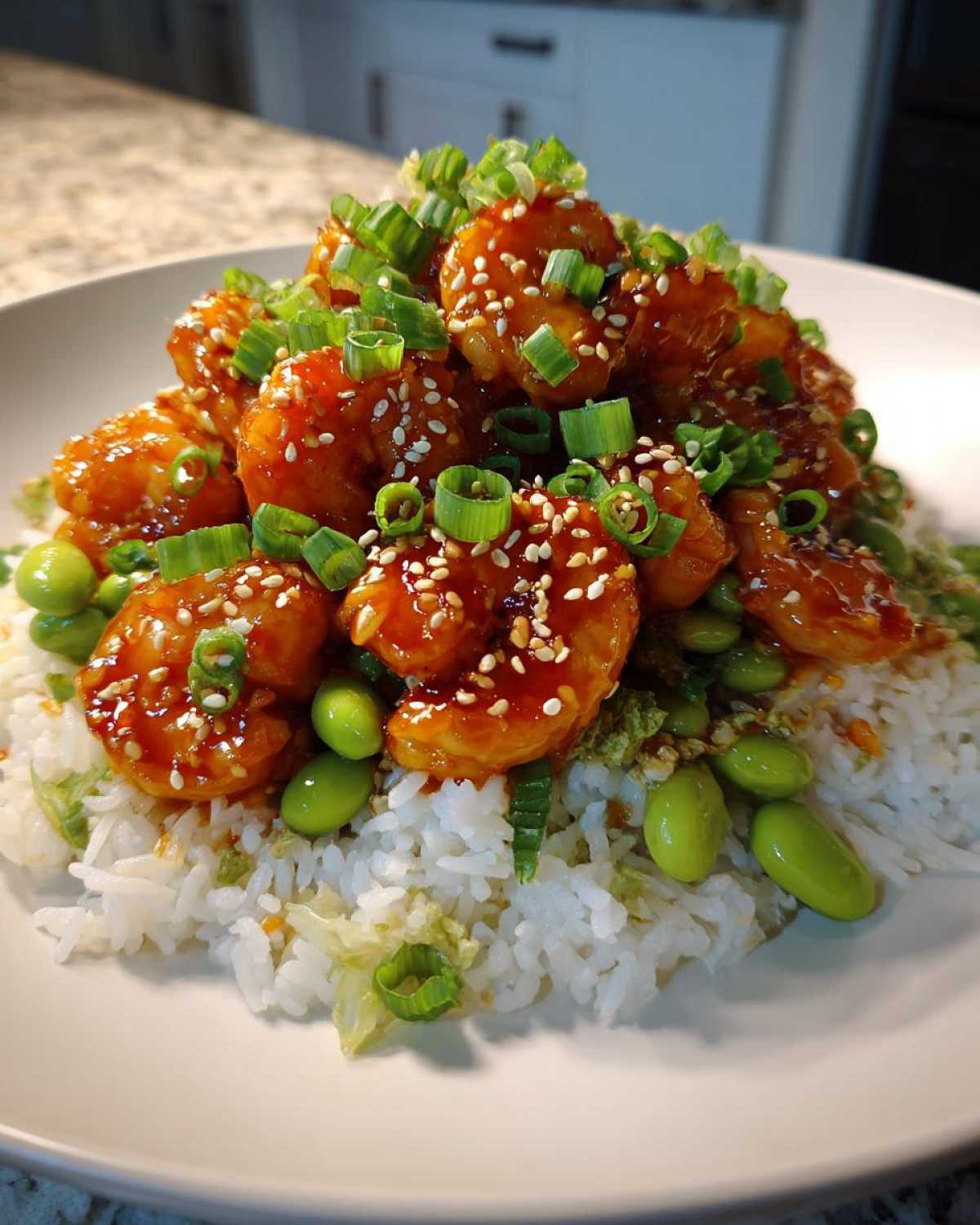 A close-up of a Honey Sriracha Shrimp Bowl featuring glazed shrimp piled high over white rice, garnished with edamame and green onions.