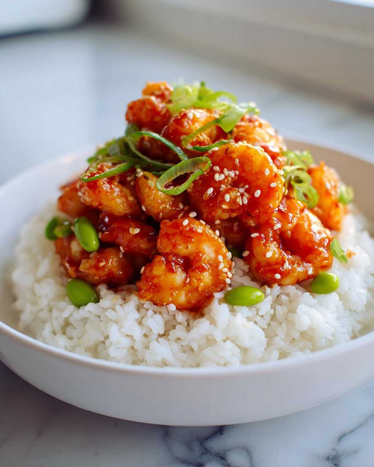 Close-up of a Honey Sriracha Shrimp Bowl featuring glossy shrimp over white rice, garnished with sesame seeds and green onions.