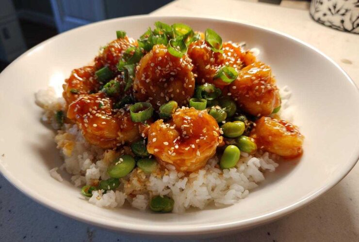 A close-up of a Honey Sriracha Shrimp Bowl featuring glazed shrimp, white rice, edamame, and green onions.