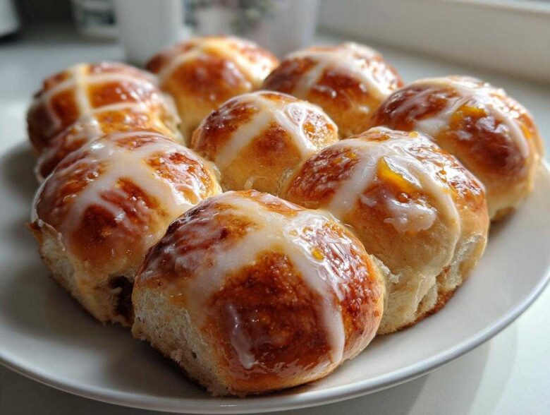 A close-up of freshly baked Hot Cross Buns with Orange Glaze, drizzled with white icing, arranged on a white plate.