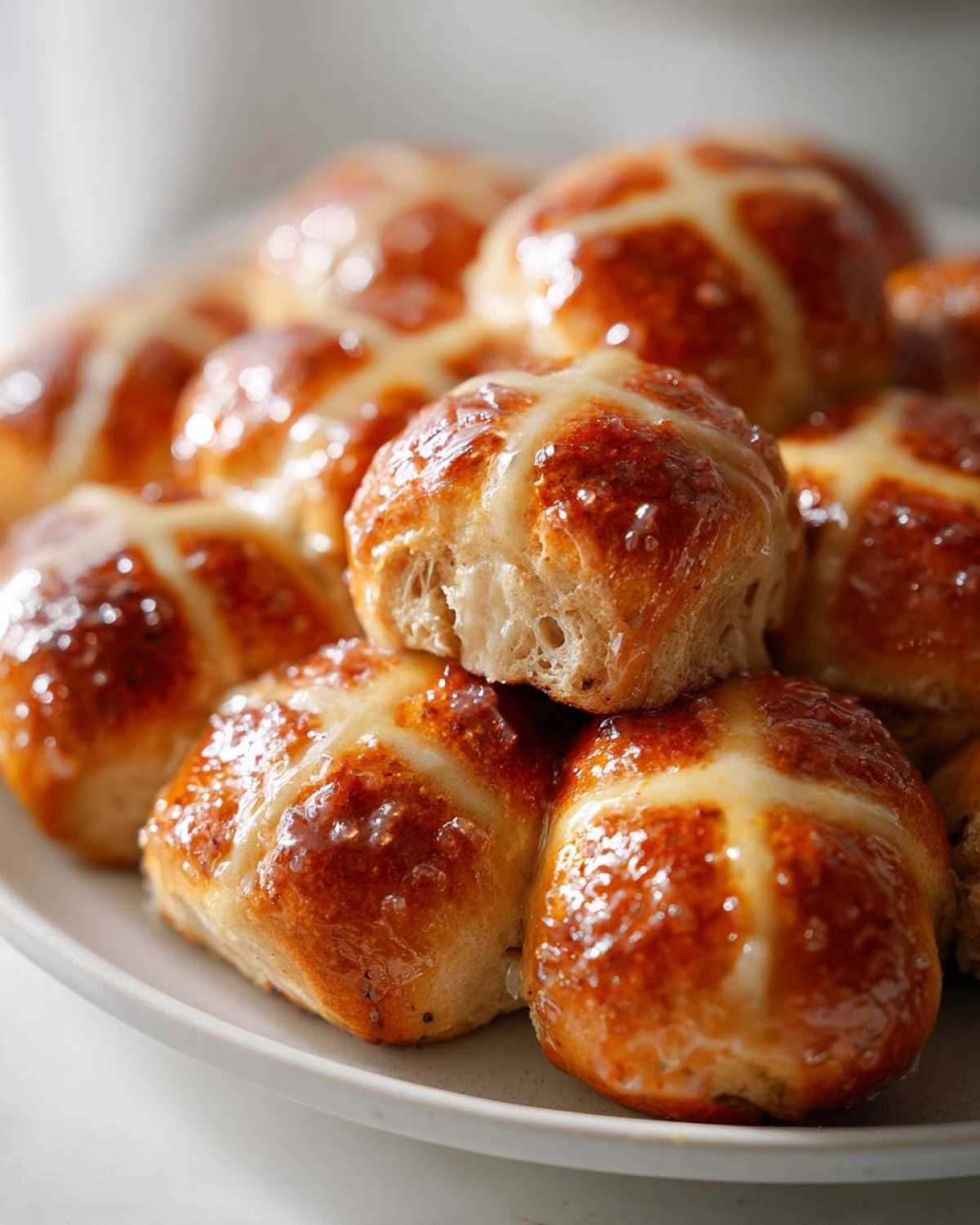 A close-up stack of freshly baked Hot Cross Buns with Orange Glaze, showing a shiny, golden-brown exterior and white crosses.