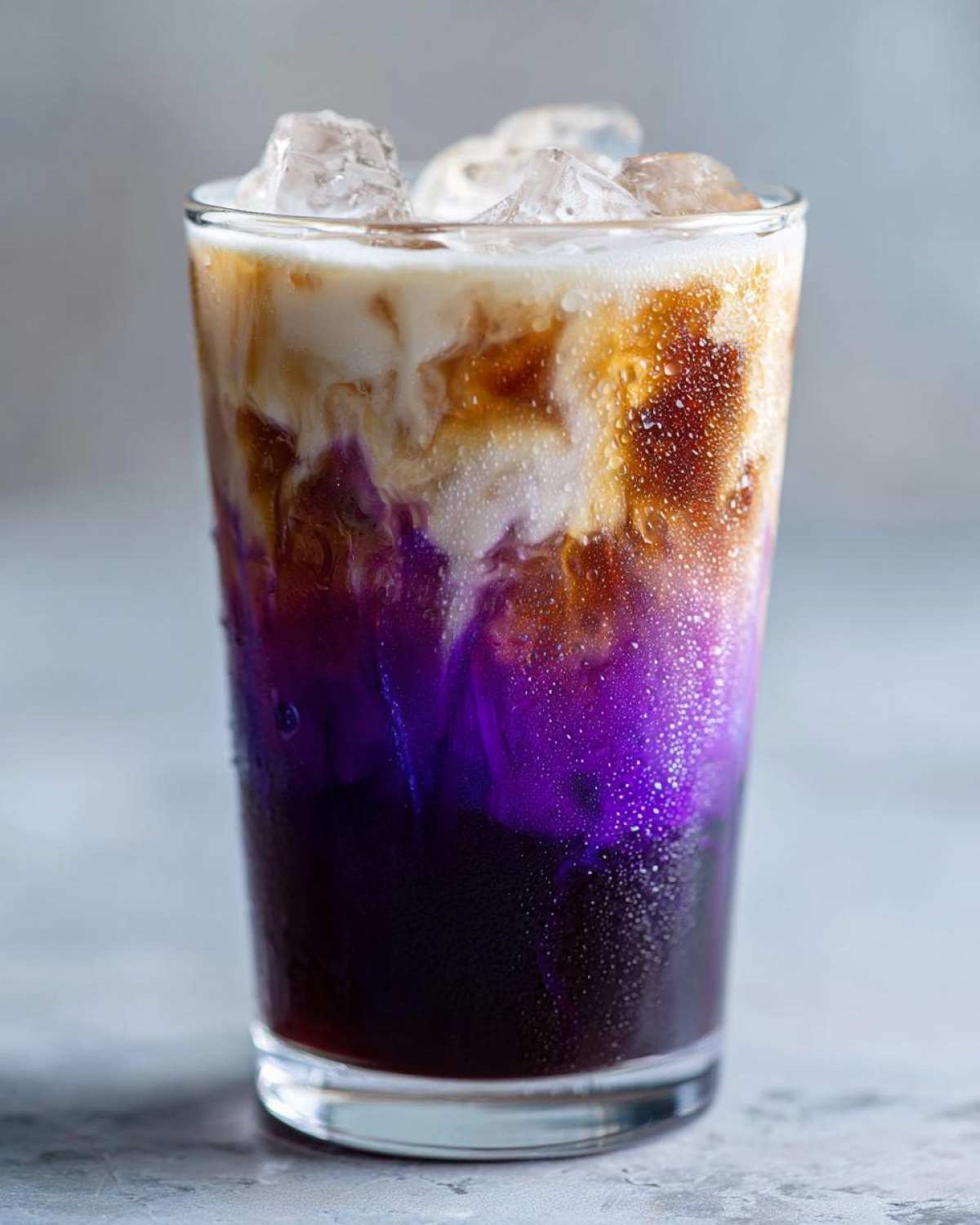 Close-up of a tall glass containing a vibrant Iced Lavender Latte with distinct purple, brown coffee, and white cream layers over ice.