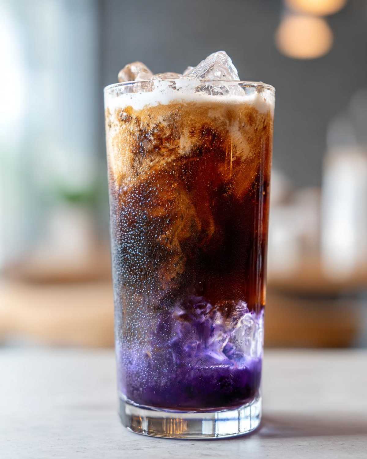 Close-up of a tall glass showing the beautiful layers of an Iced Lavender Latte, featuring purple syrup, dark coffee, and ice.