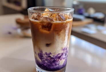Close-up of a tall glass containing an Iced Lavender Latte with ice, layered milk, espresso, and vibrant purple syrup swirling at the bottom.