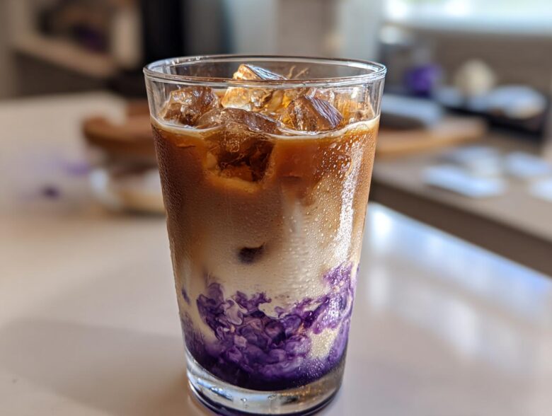 Close-up of a tall glass containing an Iced Lavender Latte with ice, layered milk, espresso, and vibrant purple syrup swirling at the bottom.