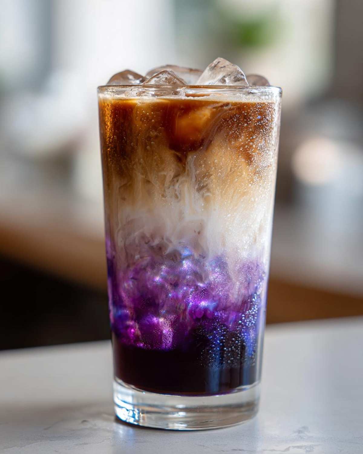 A tall glass showing the layered components of an Iced Lavender Latte with a vibrant, shimmering purple syrup at the bottom.