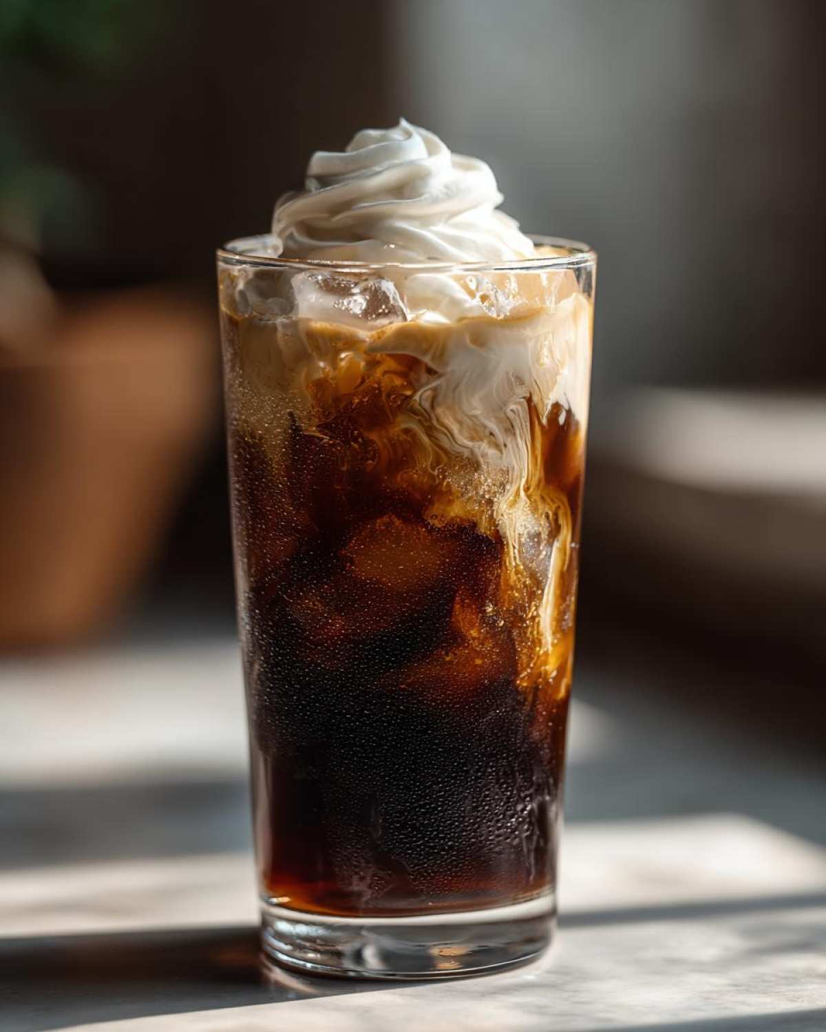 Close-up of a tall glass containing a dark Iced Mocha with swirling cream and topped with whipped cream.