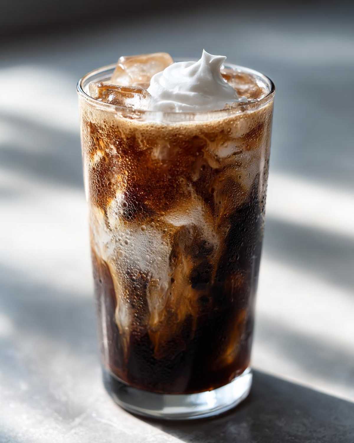 Close-up of a tall glass filled with a cold Iced Mocha, showing swirling chocolate and coffee layers, ice cubes, and a dollop of whipped cream.