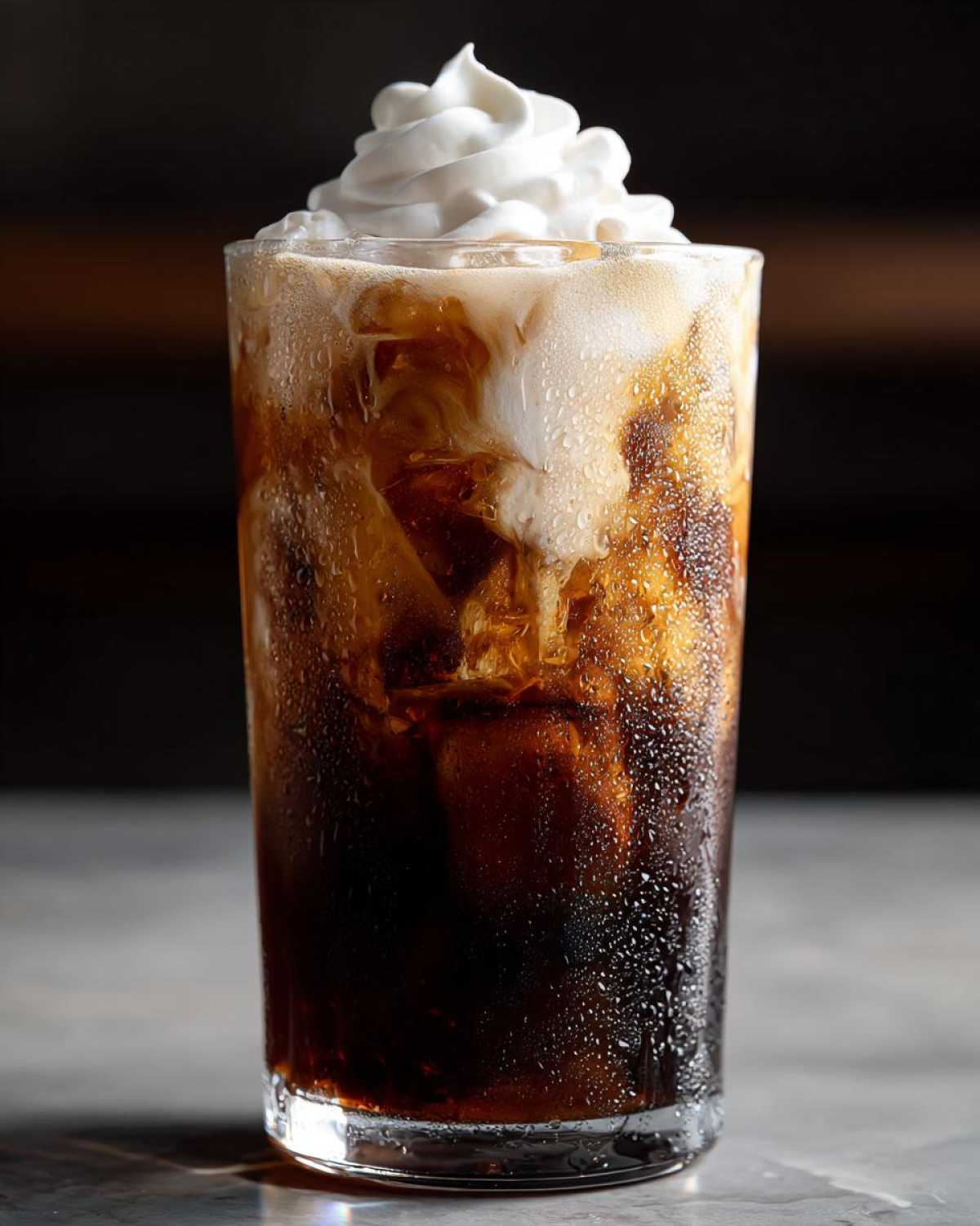 A tall glass of cold Iced Mocha with ice cubes, condensation on the glass, and topped with whipped cream.