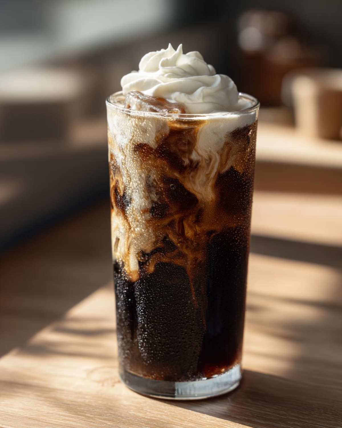A tall glass of cold Iced Mocha with dark coffee swirling into cream, topped with whipped cream.