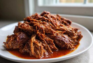A close-up of saucy, shredded Instant Pot Beef Barbacoa piled high on a white plate.