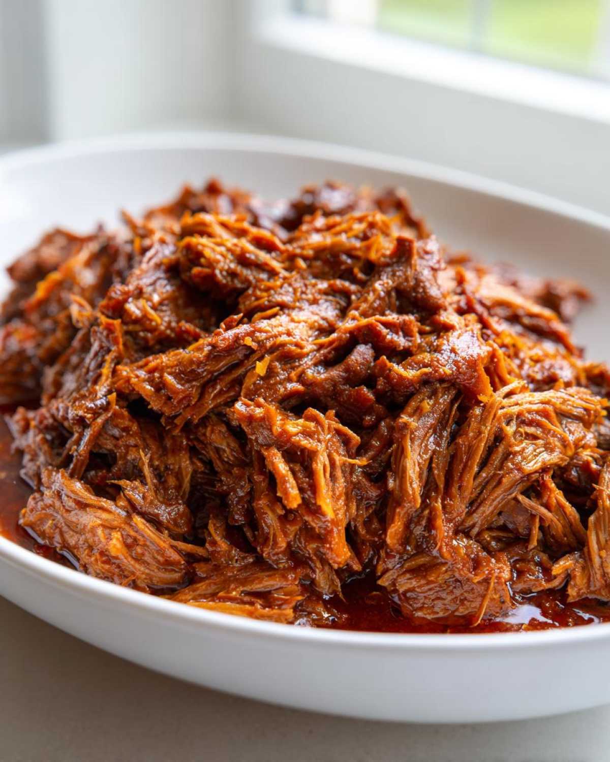 Close-up of rich, shredded Instant Pot Beef Barbacoa glistening in its sauce, served in a white bowl.
