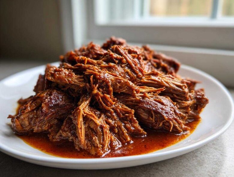 A close-up of saucy, shredded Instant Pot Beef Barbacoa piled high on a white plate.