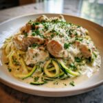 A close-up of Keto Chicken Alfredo served over zucchini noodles, topped with creamy sauce, Parmesan, and parsley.