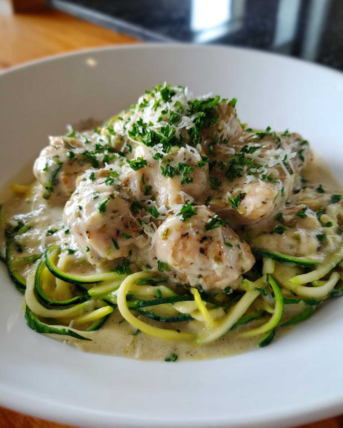 A close-up of Keto Chicken Alfredo featuring chunks of chicken in a creamy sauce over zucchini noodles, topped with Parmesan and parsley.