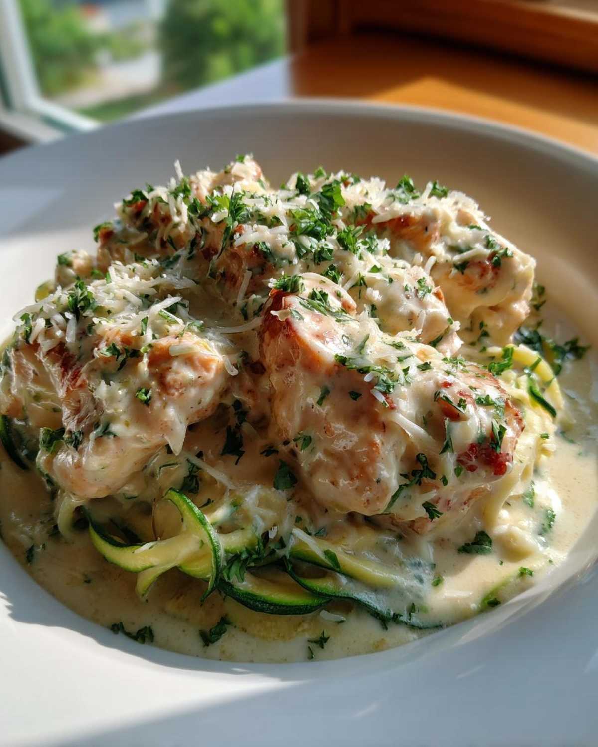 A bowl of rich Keto Chicken Alfredo featuring creamy sauce, seasoned chicken pieces, and zucchini noodles, topped with grated cheese and parsley.