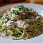 A white bowl filled with Keto Chicken Alfredo served over zucchini noodles (zoodles) and topped with fresh parsley.