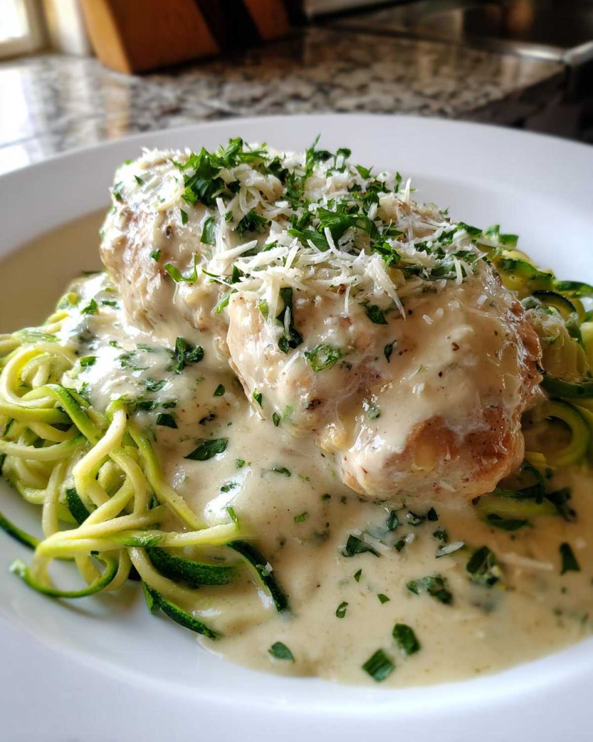 A serving of Keto Chicken Alfredo featuring a chicken breast covered in creamy sauce over zucchini noodles, topped with Parmesan.