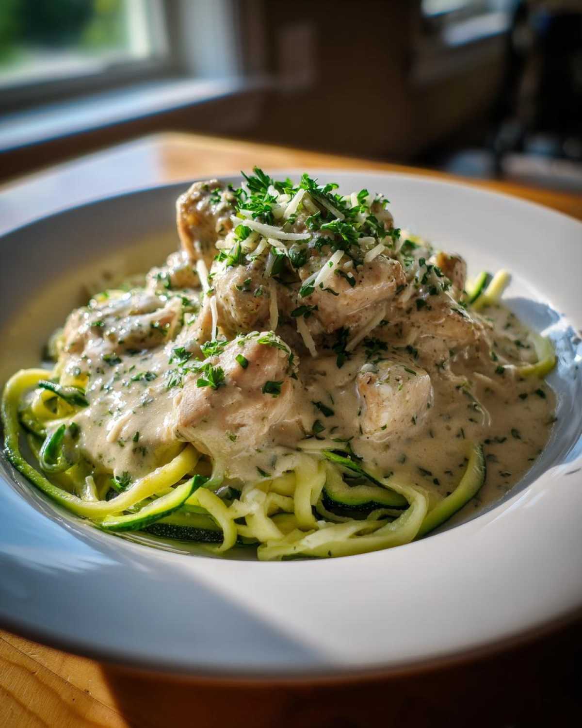 A close-up of Keto Chicken Alfredo served over zucchini noodles, topped with Parmesan and fresh parsley.