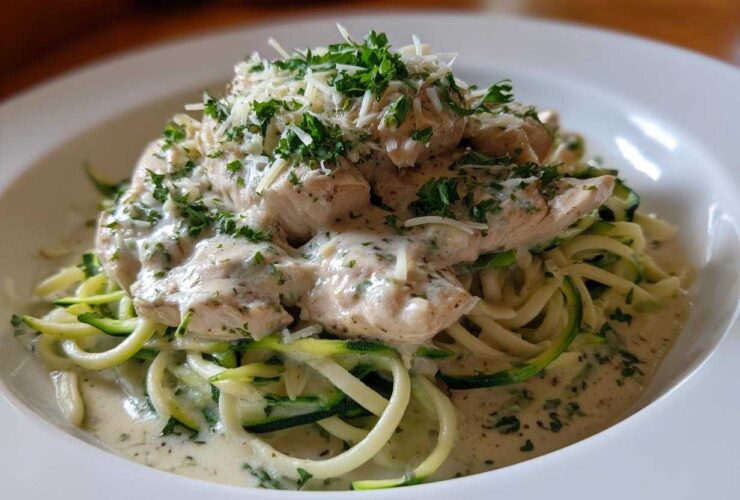 A white bowl filled with Keto Chicken Alfredo served over zucchini noodles (zoodles) and topped with fresh parsley.