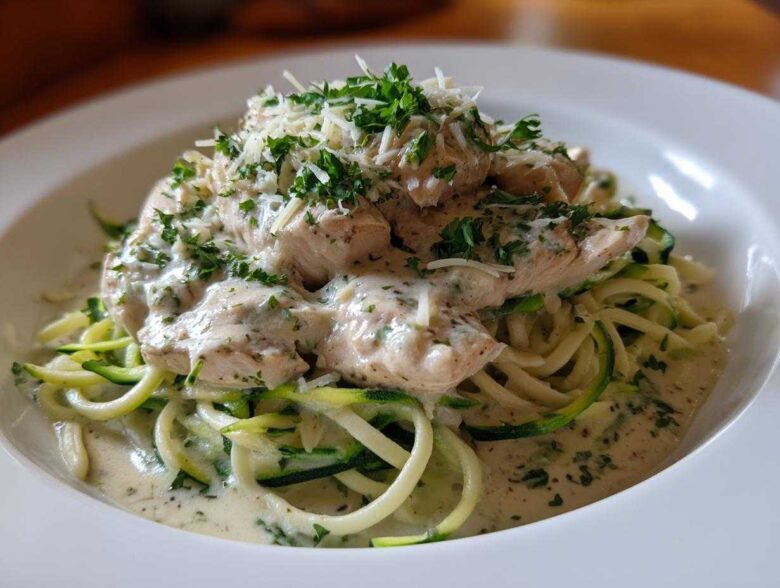 A white bowl filled with Keto Chicken Alfredo served over zucchini noodles (zoodles) and topped with fresh parsley.