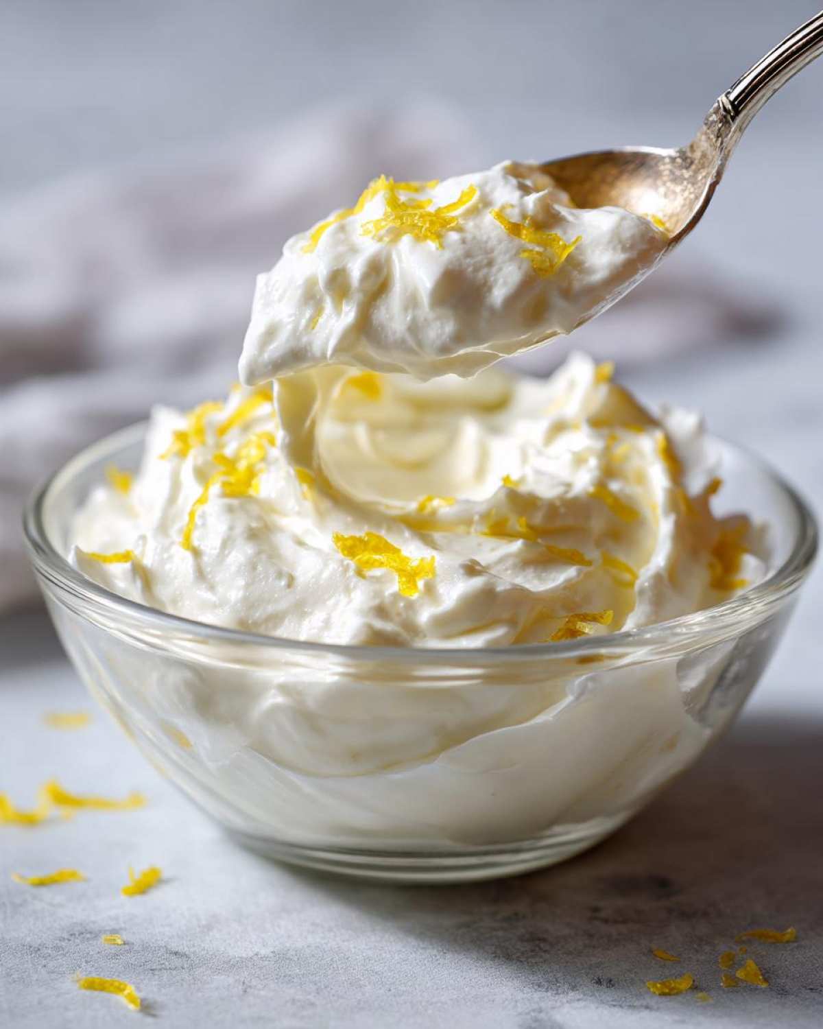 A spoonful of creamy Keto Lemon Cheesecake Mousse topped with bright yellow lemon zest being lifted from a clear glass bowl.