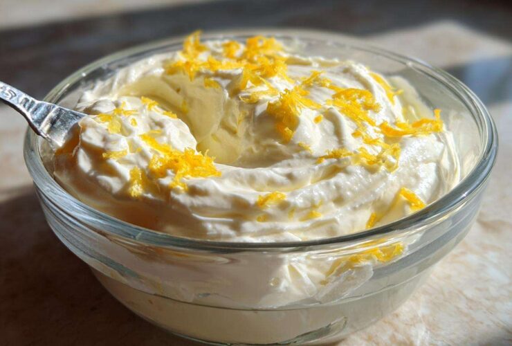 A close-up of creamy Keto Lemon Cheesecake Mousse topped with bright yellow lemon zest in a clear glass bowl.