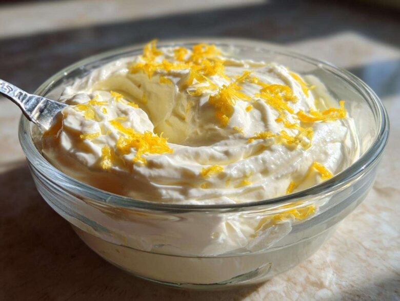 A close-up of creamy Keto Lemon Cheesecake Mousse topped with bright yellow lemon zest in a clear glass bowl.