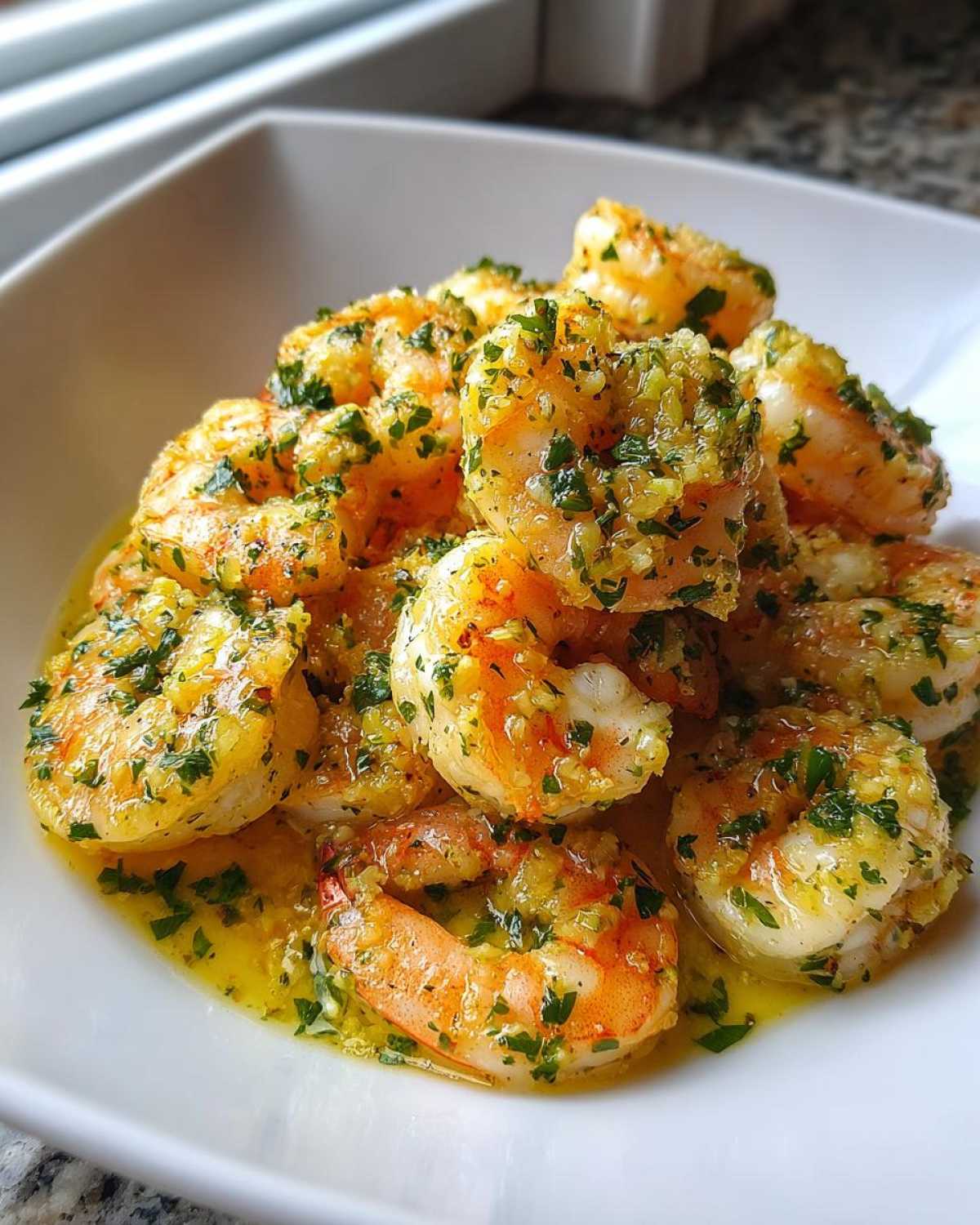 Close-up of succulent Lemon Butter Shrimp with Garlic Flavor coated in a rich, herby sauce.