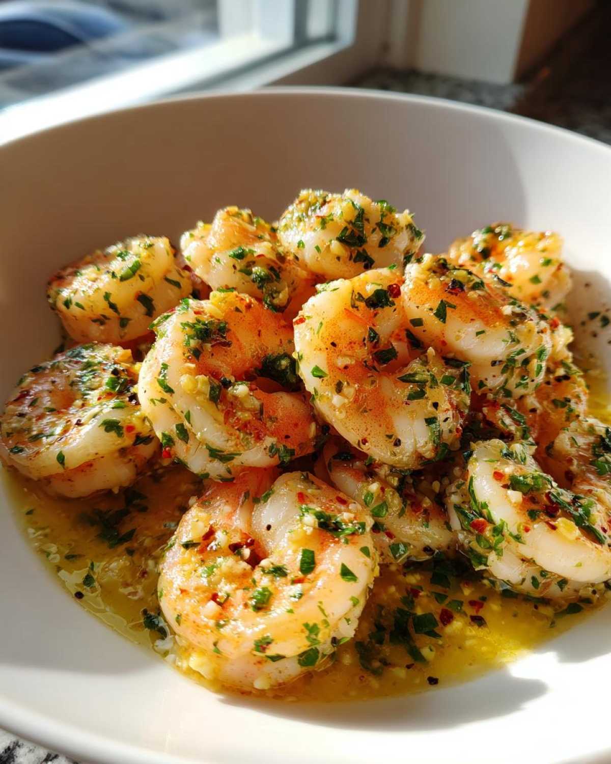 Plump, cooked shrimp coated in a rich lemon butter sauce with visible garlic and parsley, showcasing the Lemon Butter Shrimp with Garlic Flavor.