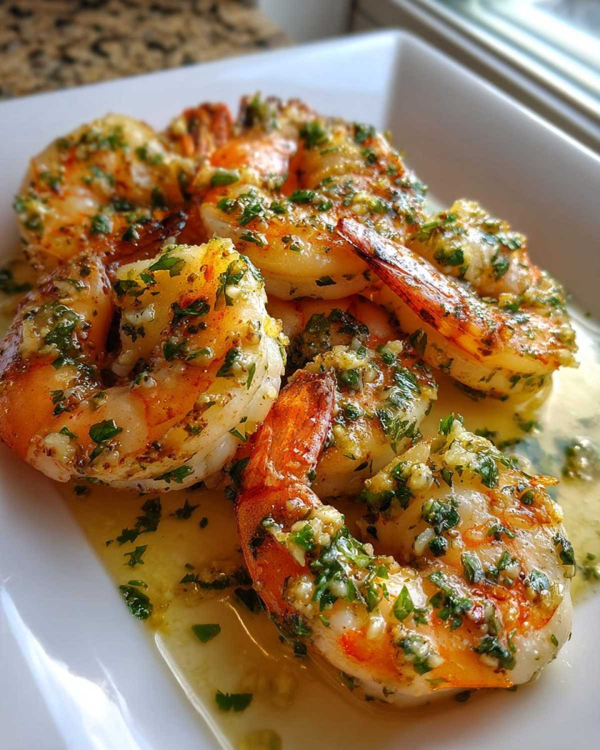Close-up of succulent Lemon Butter Shrimp with Garlic Flavor, coated in a rich sauce with minced garlic and parsley.