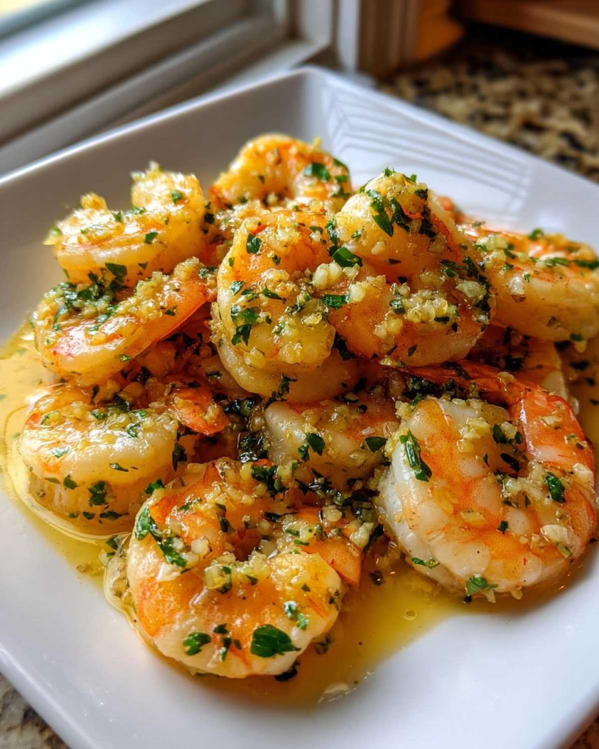 A close-up of succulent Lemon Butter Shrimp with Garlic Flavor, coated in minced garlic and parsley, sitting in buttery sauce.