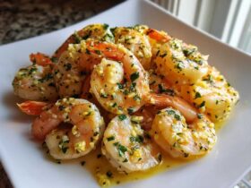 Close-up of succulent Lemon Butter Shrimp with Garlic Flavor, coated in butter sauce and fresh parsley, served on a white plate.