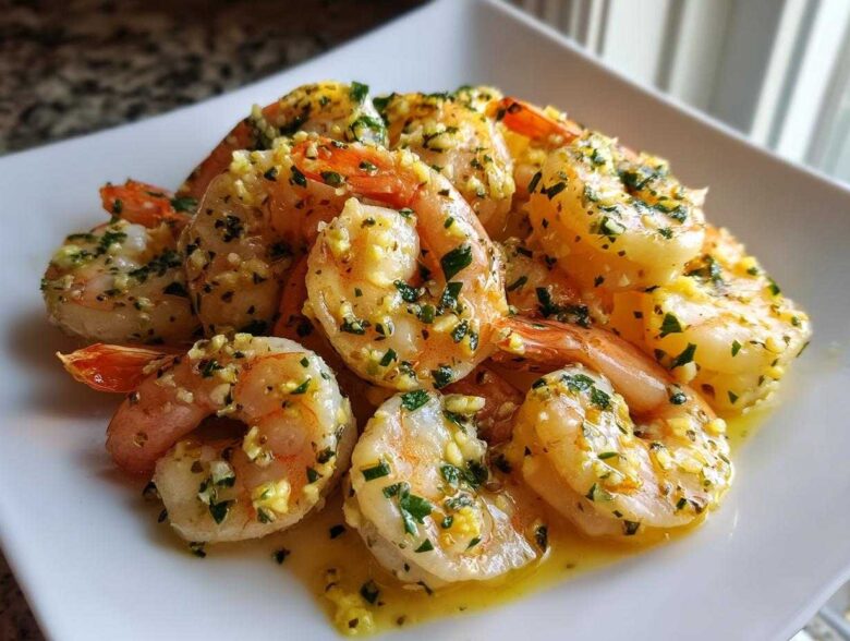 Close-up of succulent Lemon Butter Shrimp with Garlic Flavor, coated in butter sauce and fresh parsley, served on a white plate.