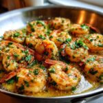 Close-up of succulent shrimp sizzling in a stainless steel pan with lemon garlic butter sauce and fresh parsley.