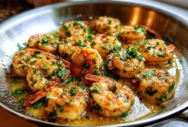 Close-up of succulent shrimp sizzling in a stainless steel pan with lemon garlic butter sauce and fresh parsley.