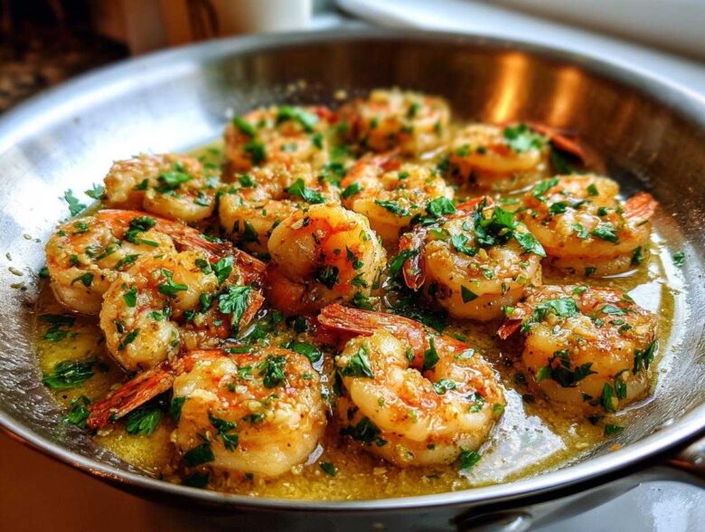 Close-up of succulent shrimp sizzling in a stainless steel pan with lemon garlic butter sauce and fresh parsley.