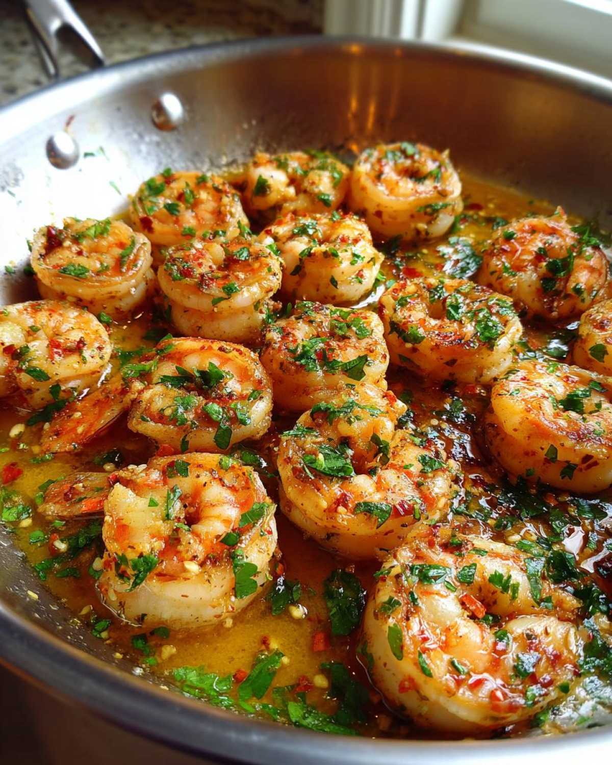 Close-up of plump shrimp sizzling in a stainless steel skillet coated in lemon garlic butter sauce and fresh parsley.