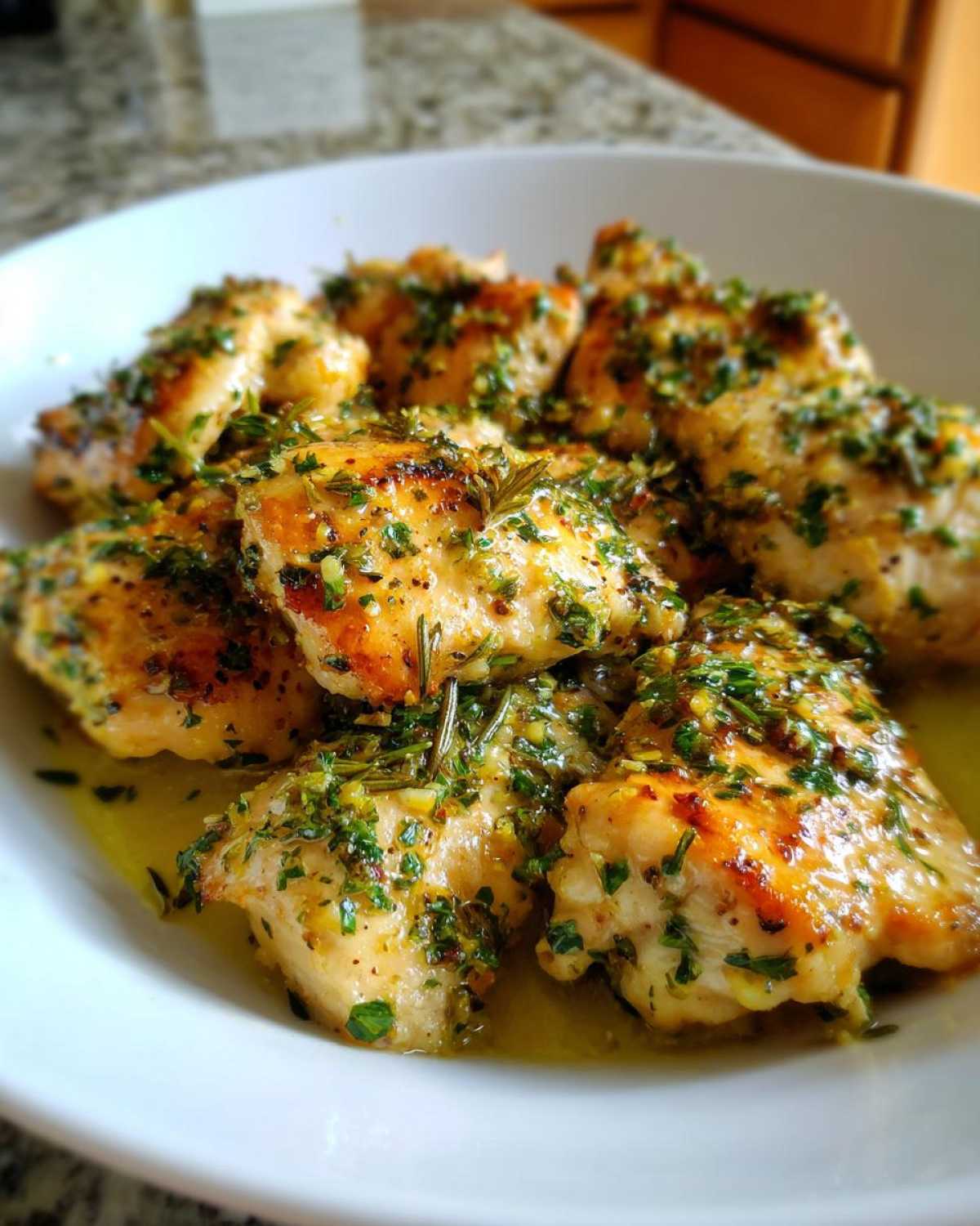 Close-up of golden-brown pieces of Lemon Garlic Chicken Skillet with Fresh Herbs, glistening in sauce.