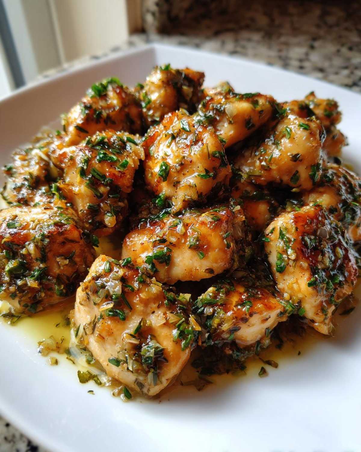 Close-up of golden-brown Lemon Garlic Chicken Skillet pieces coated in a glossy sauce with fresh green herbs.