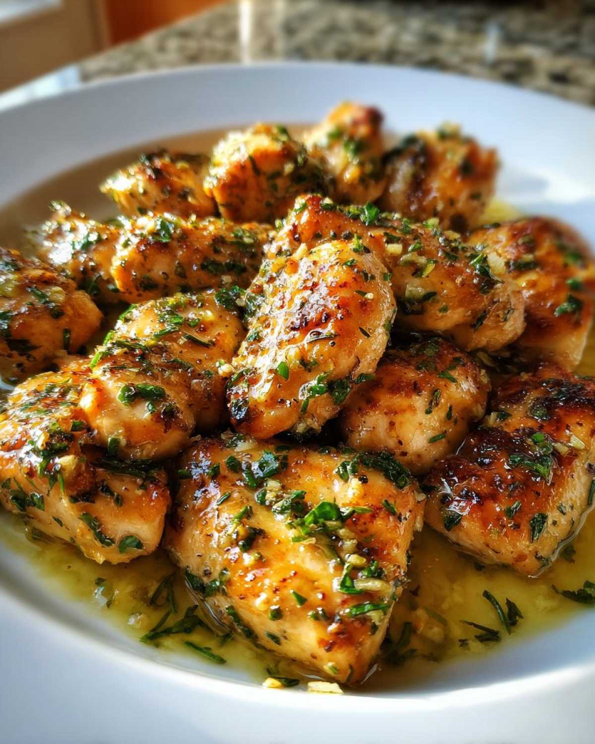 Close-up of golden-brown Lemon Garlic Chicken Skillet pieces coated in a glistening sauce with fresh herbs and garlic.