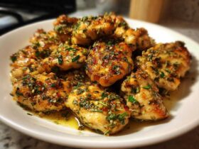 A white plate piled high with golden, pan-seared Lemon Garlic Chicken Skillet pieces coated in a glistening sauce of herbs and garlic.
