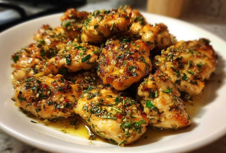 A white plate piled high with golden, pan-seared Lemon Garlic Chicken Skillet pieces coated in a glistening sauce of herbs and garlic.
