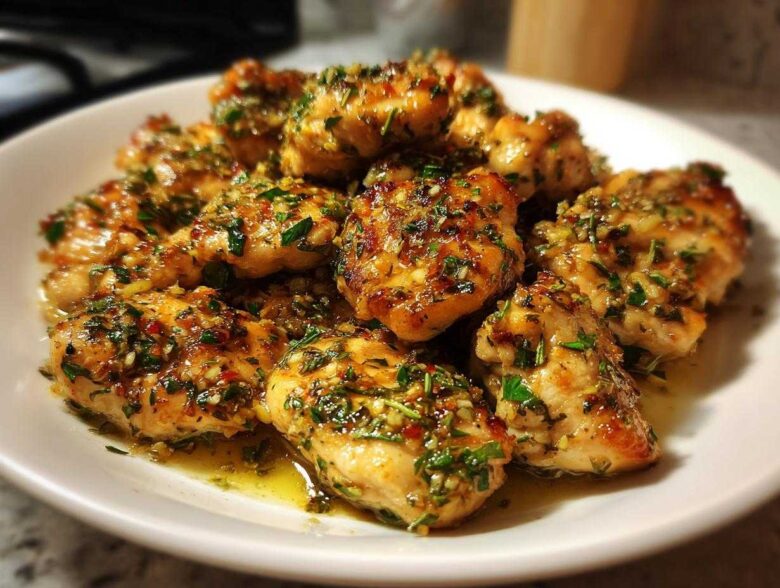 A white plate piled high with golden, pan-seared Lemon Garlic Chicken Skillet pieces coated in a glistening sauce of herbs and garlic.