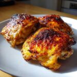 Three perfectly roasted Lemon Garlic Roasted Chicken Thighs with crispy, browned skin served on a white plate.